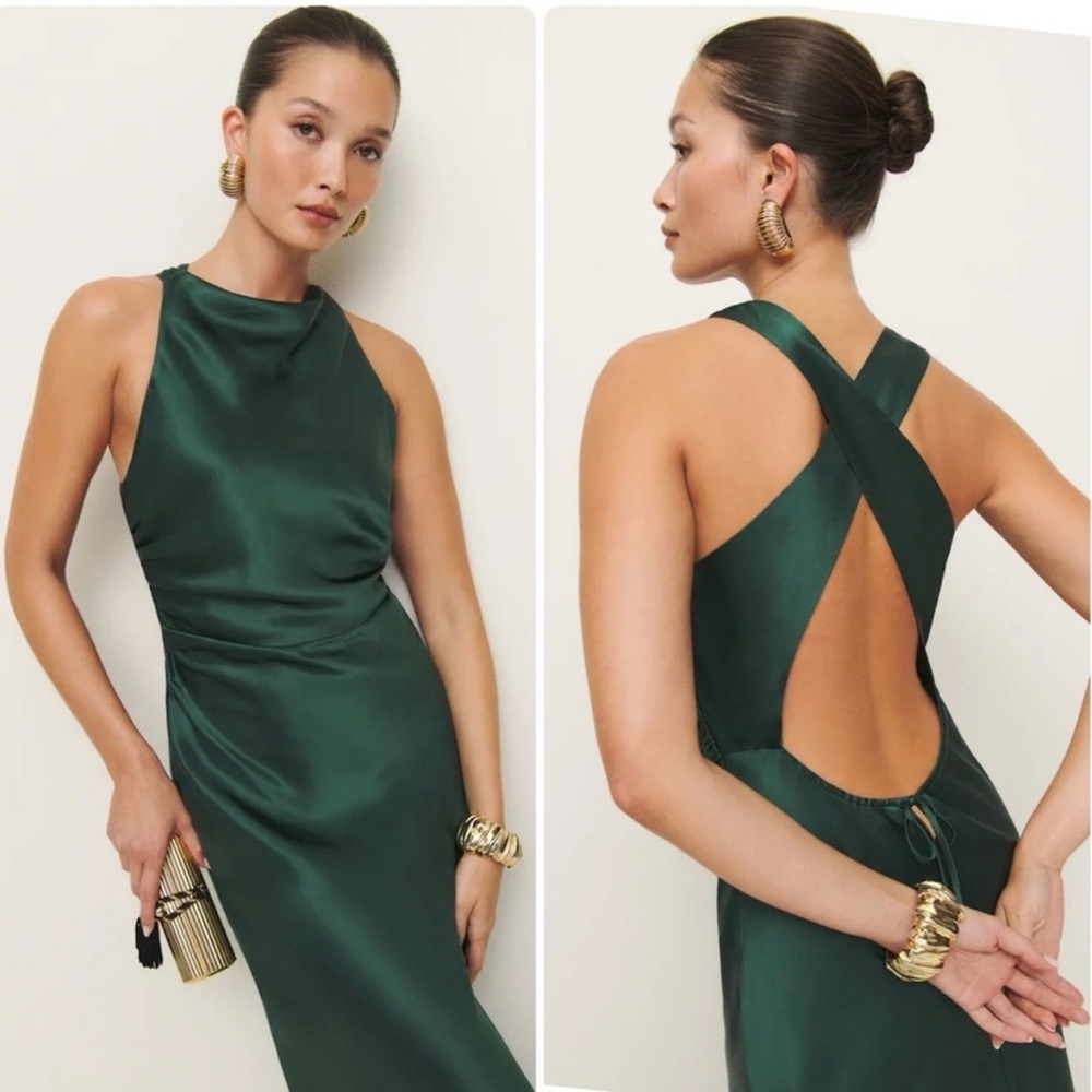Reformation Anaiis Silk Dress in Forest